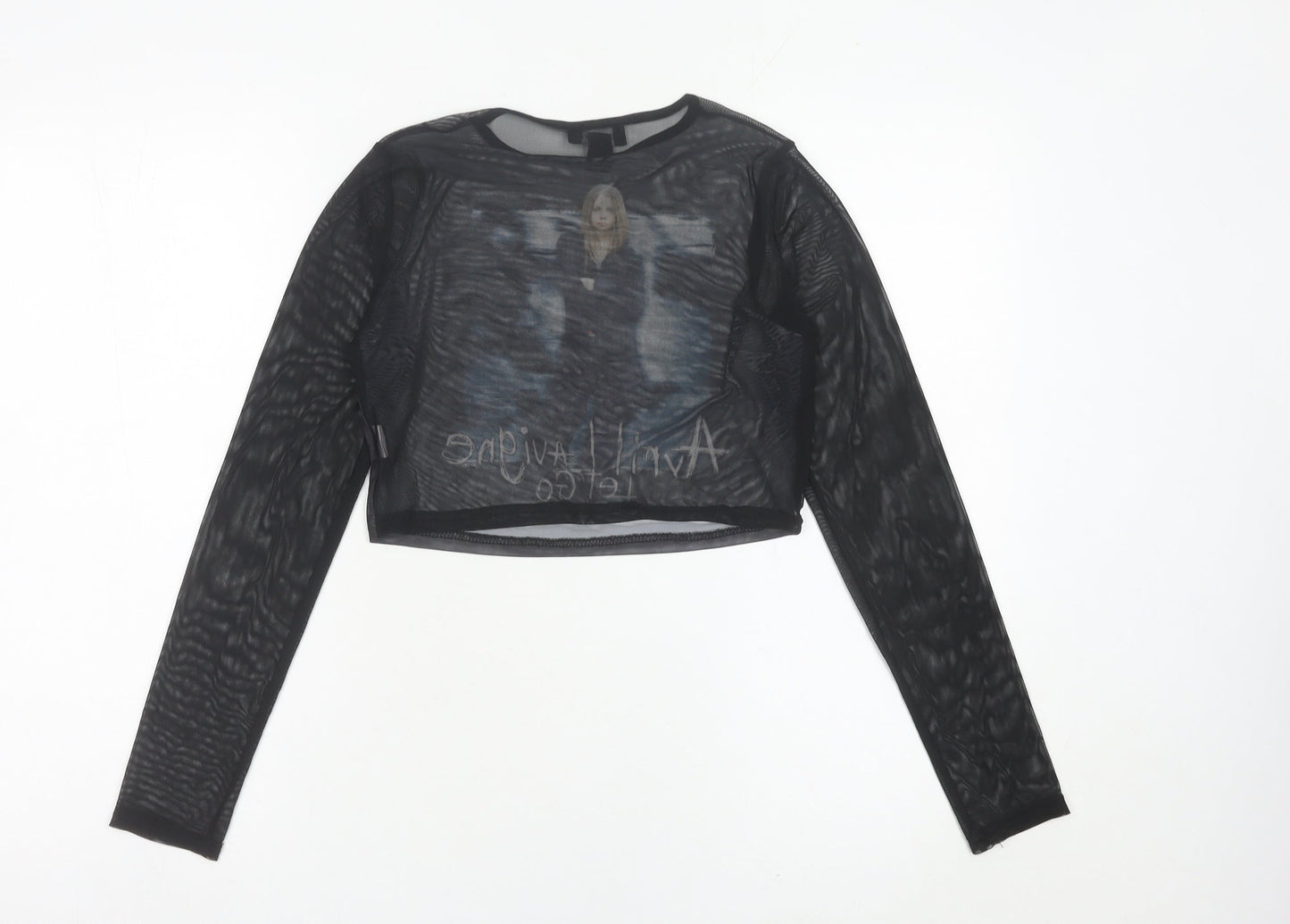 PrettyLittleThing Womens Black Mesh Cropped Long Sleeve Music Top Size 8