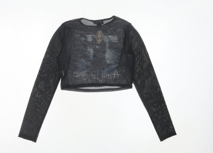 PrettyLittleThing Womens Black Mesh Cropped Long Sleeve Music Top Size 8