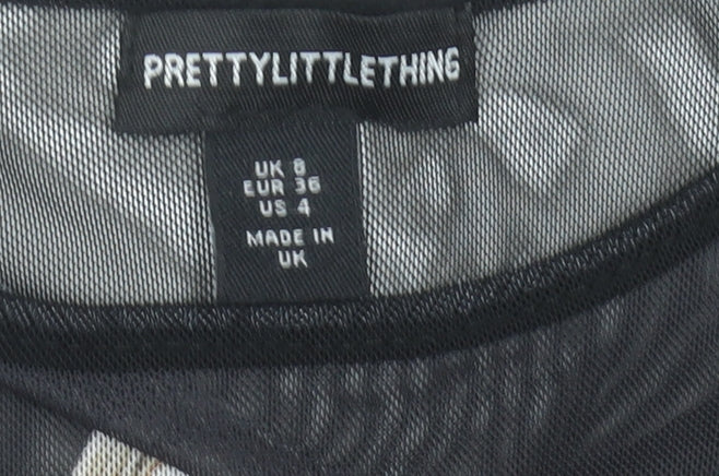 PrettyLittleThing Womens Black Mesh Cropped Long Sleeve Music Top Size 8