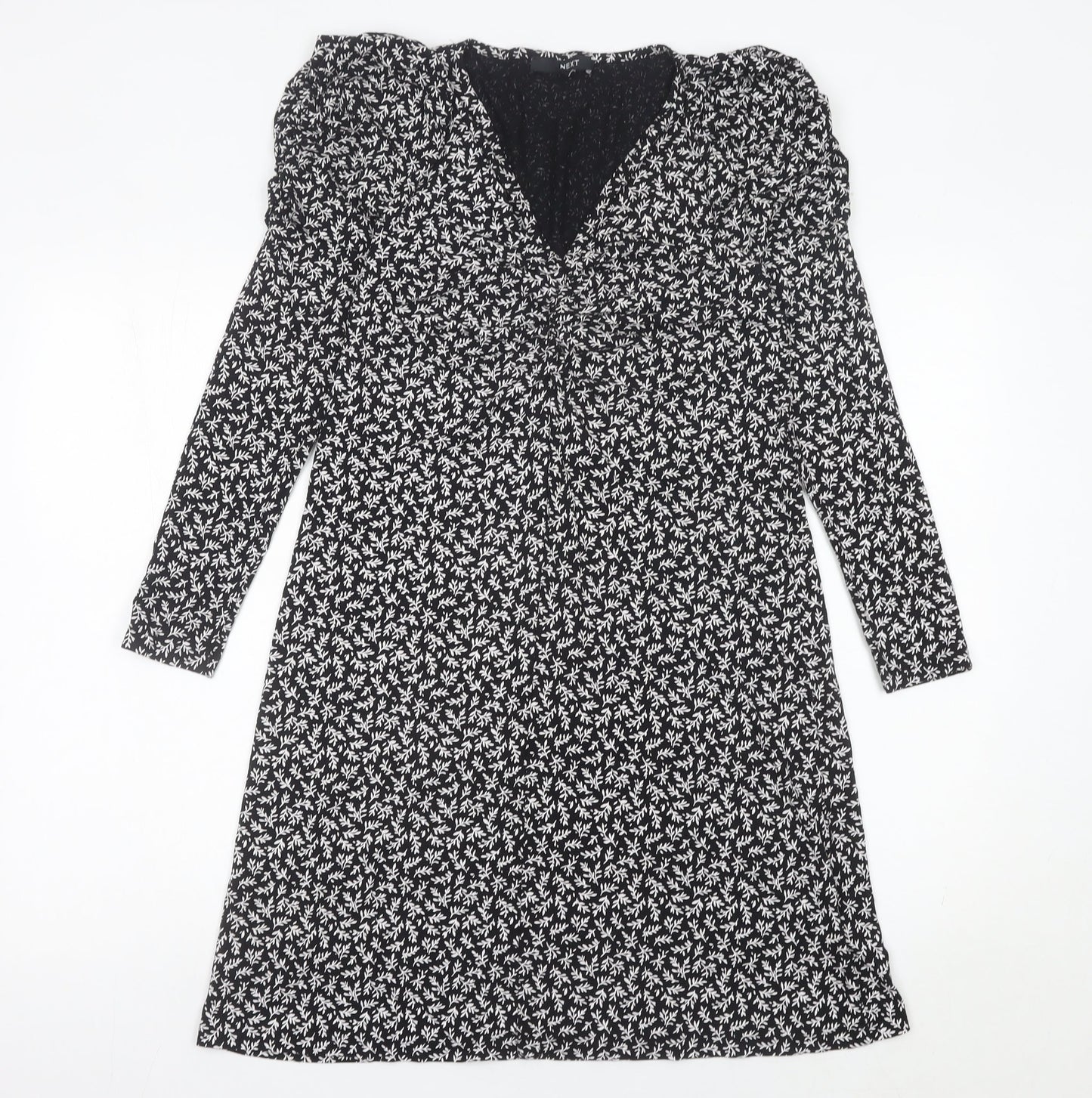 Next Womens Black Floral A-Line Jersey Dress Size 10 V-Neck Long Sleeve