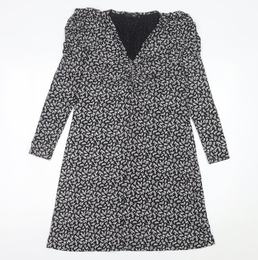 Next Womens Black Floral A-Line Jersey Dress Size 10 V-Neck Long Sleeve