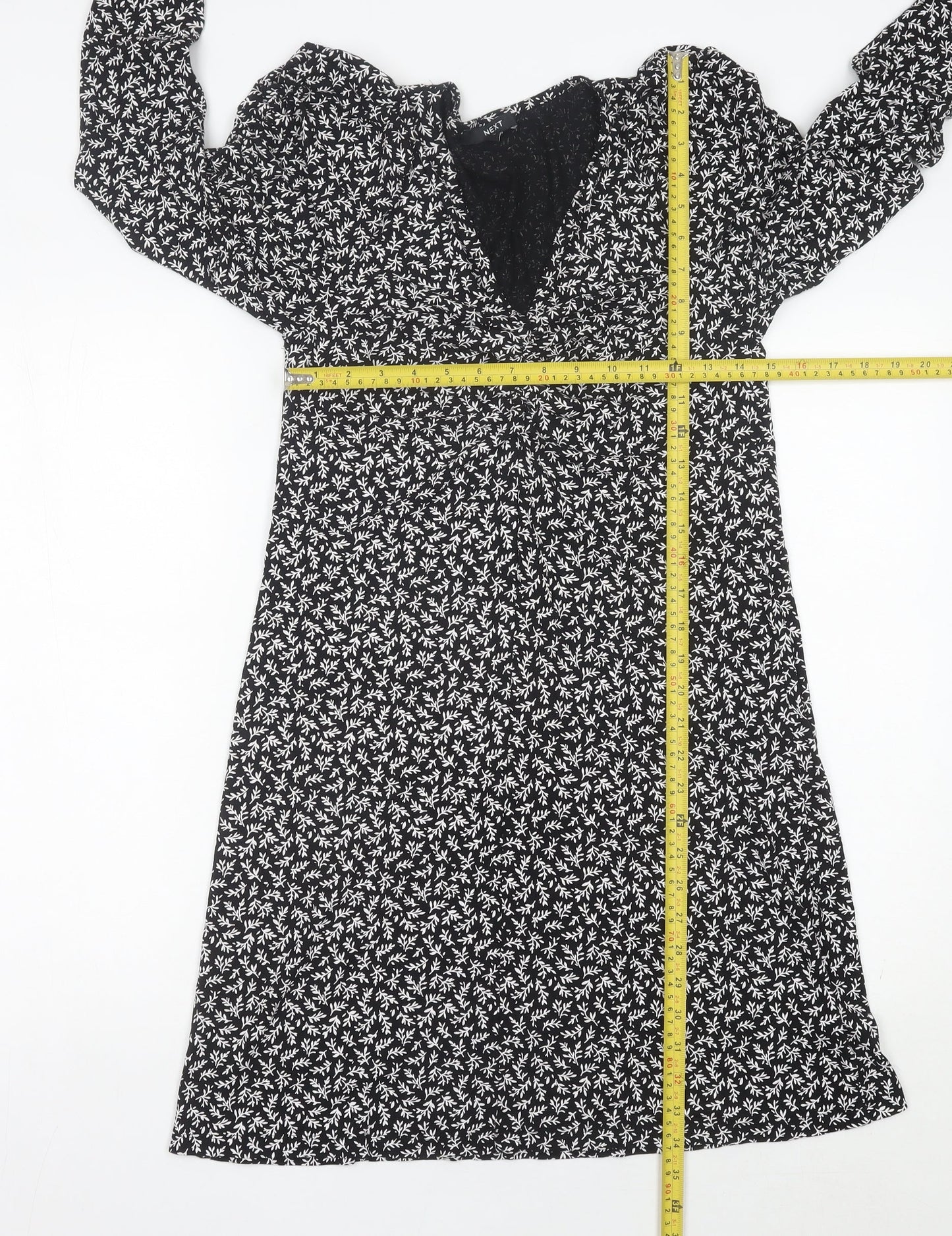 Next Womens Black Floral A-Line Jersey Dress Size 10 V-Neck Long Sleeve