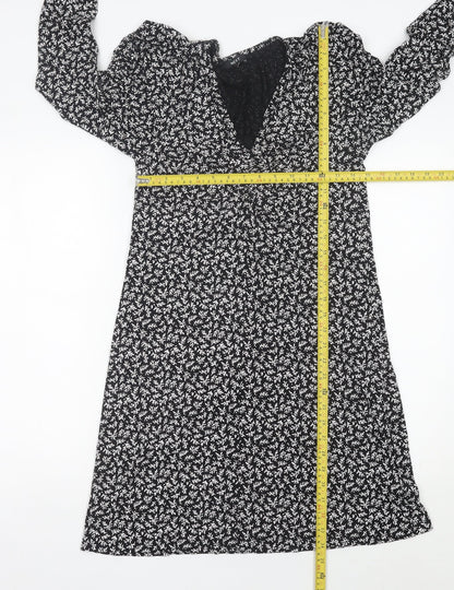 Next Womens Black Floral A-Line Jersey Dress Size 10 V-Neck Long Sleeve