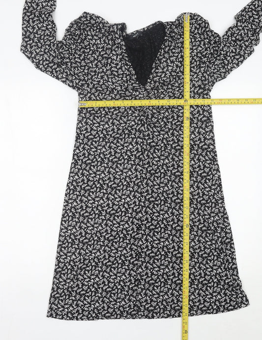 Next Womens Black Floral A-Line Jersey Dress Size 10 V-Neck Long Sleeve