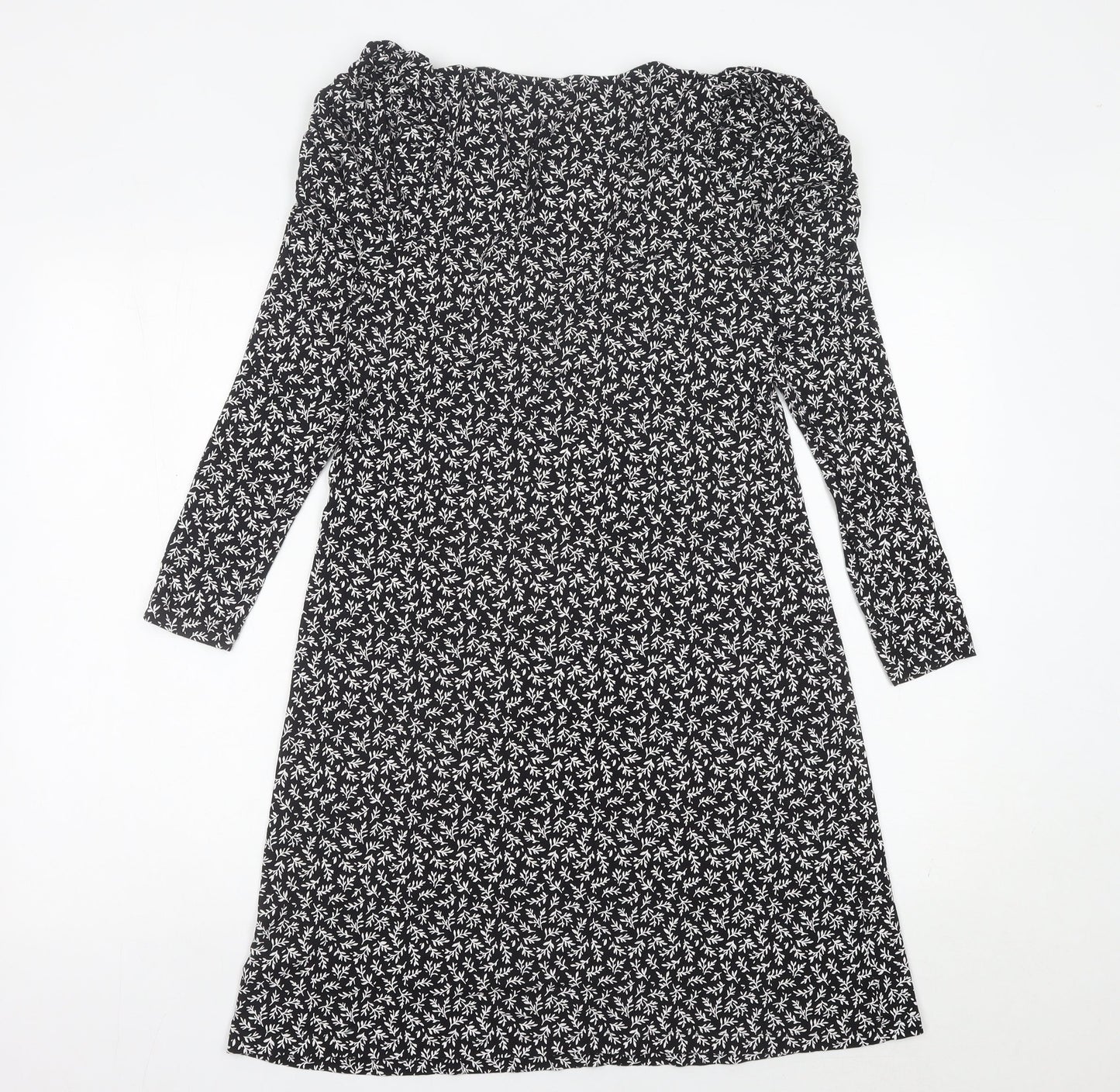 Next Womens Black Floral A-Line Jersey Dress Size 10 V-Neck Long Sleeve