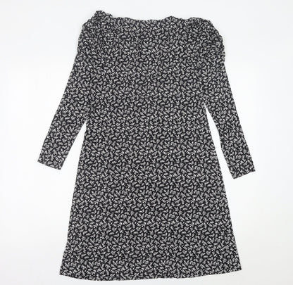 Next Womens Black Floral A-Line Jersey Dress Size 10 V-Neck Long Sleeve