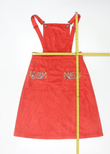 Harkel Women’s Red Pinafore Dress UK 8 Embroidered Pockets