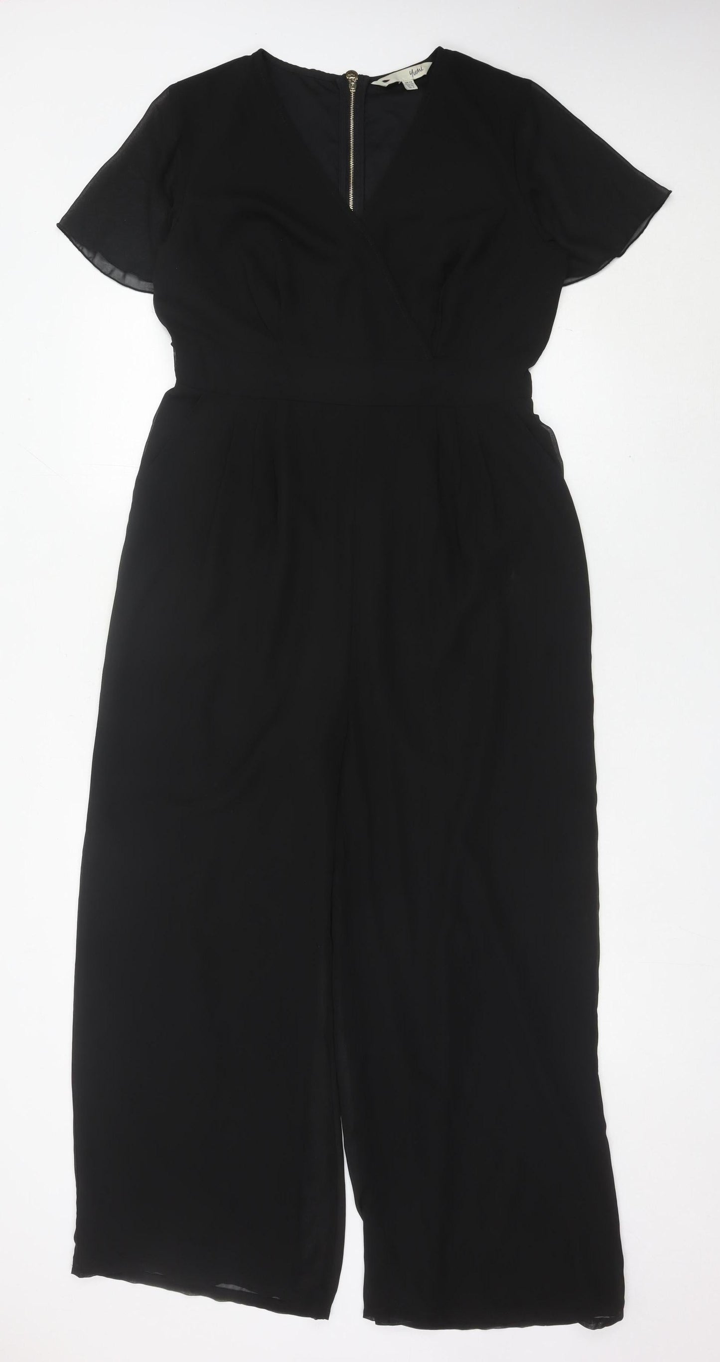 Yumi Women Black Size 12 Wide-Leg V-Neck Belted Jumpsuit