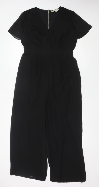 Yumi Women Black Size 12 Wide-Leg V-Neck Belted Jumpsuit