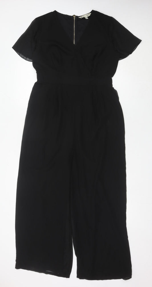 Yumi Women Black Size 12 Wide-Leg V-Neck Belted Jumpsuit