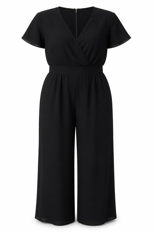 Yumi Women Black Size 12 Wide-Leg V-Neck Belted Jumpsuit