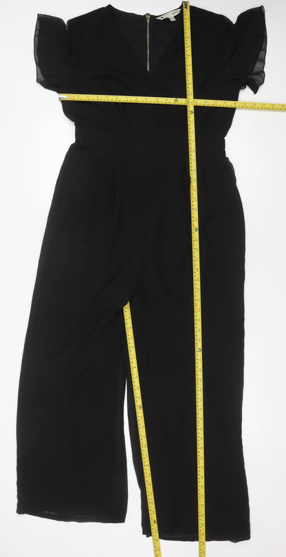 Yumi Women Black Size 12 Wide-Leg V-Neck Belted Jumpsuit
