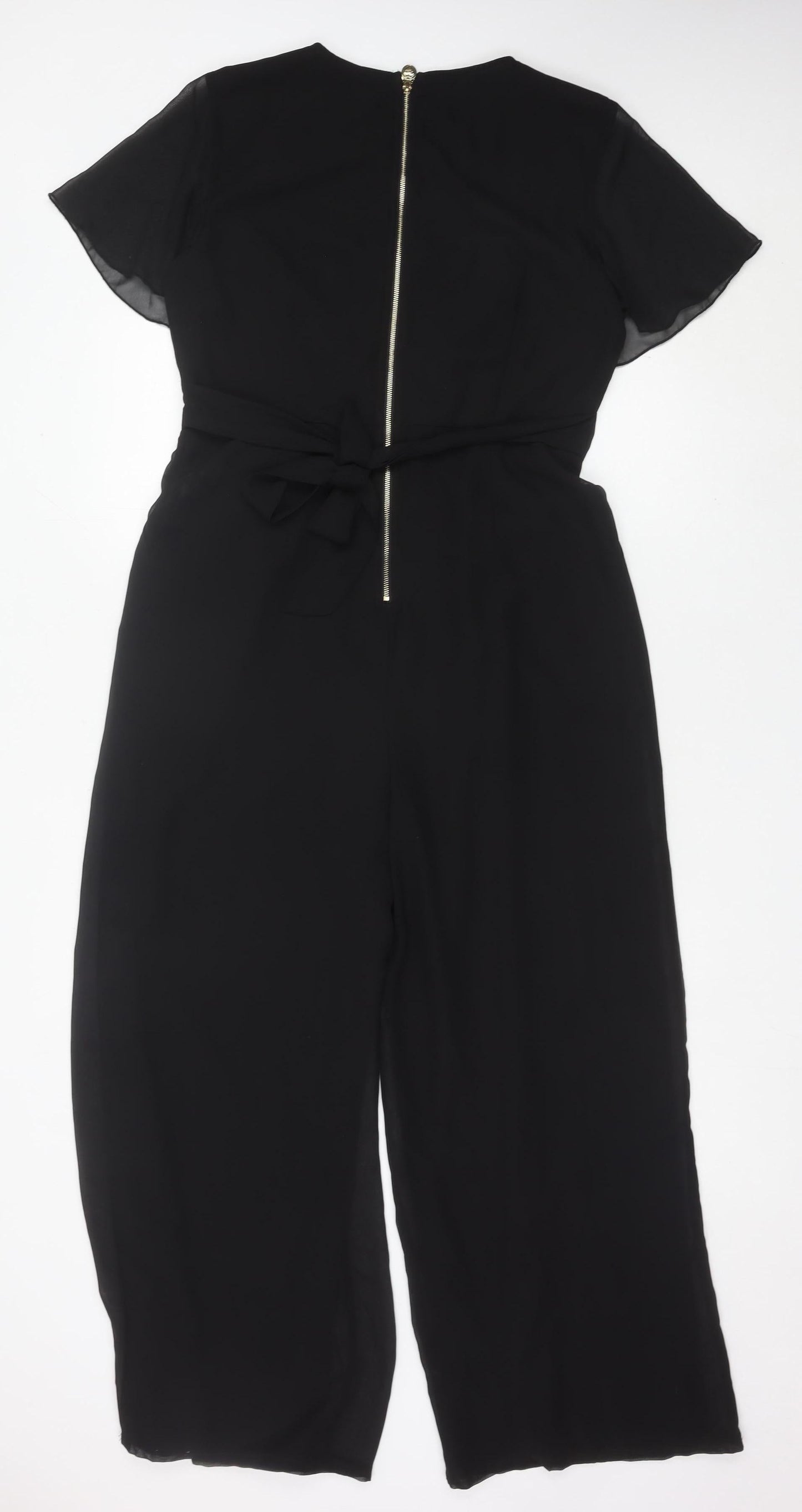 Yumi Women Black Size 12 Wide-Leg V-Neck Belted Jumpsuit