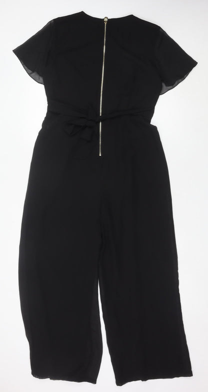 Yumi Women Black Size 12 Wide-Leg V-Neck Belted Jumpsuit