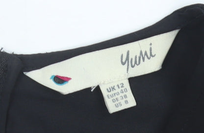 Yumi Women Black Size 12 Wide-Leg V-Neck Belted Jumpsuit