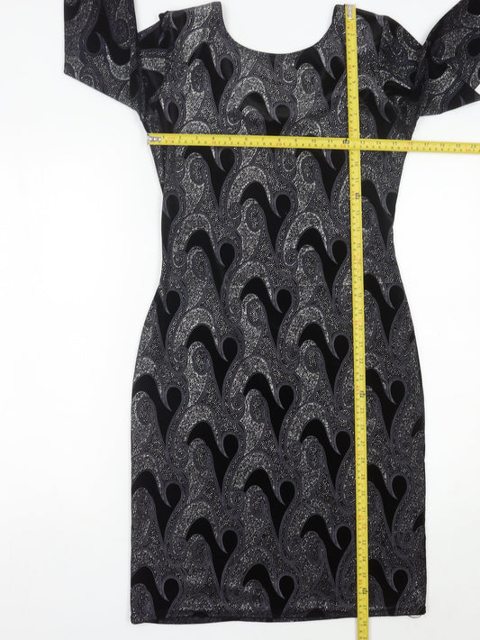 Quiz Women’s Black Paisley Bodycon Dress Size 12 Stretch Velvet