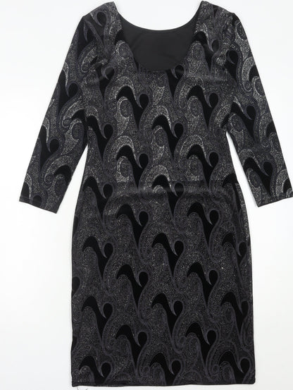 Quiz Women’s Black Paisley Bodycon Dress Size 12 Stretch Velvet