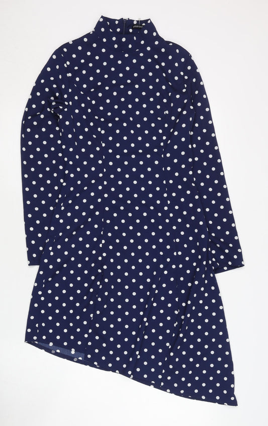 Boohoo Womens Blue Polka Dot Asymmetric Sheath Dress UK 6 Petite