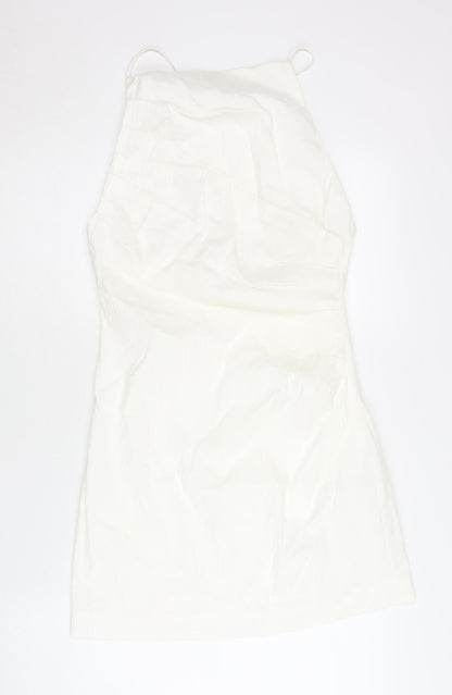 Zara Women White Linen Blend Slip Dress Size 14 Halter Sleeveless Short
