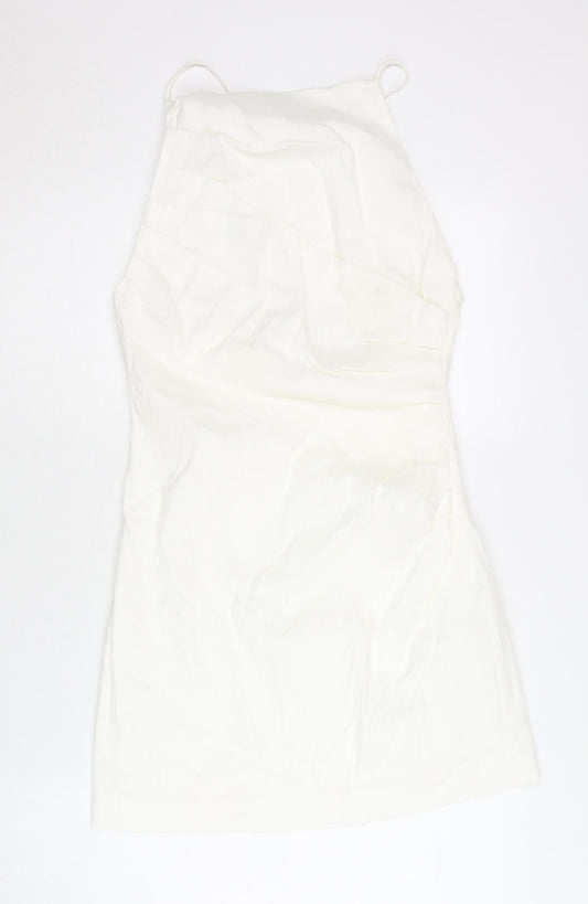 Zara Women White Linen Blend Slip Dress Size 14 Halter Sleeveless Short