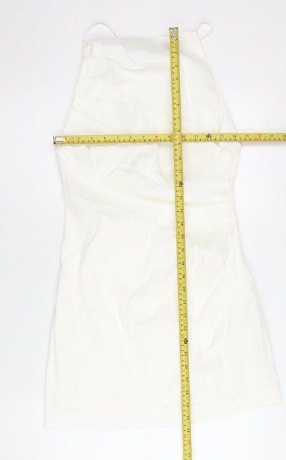 Zara Women White Linen Blend Slip Dress Size 14 Halter Sleeveless Short