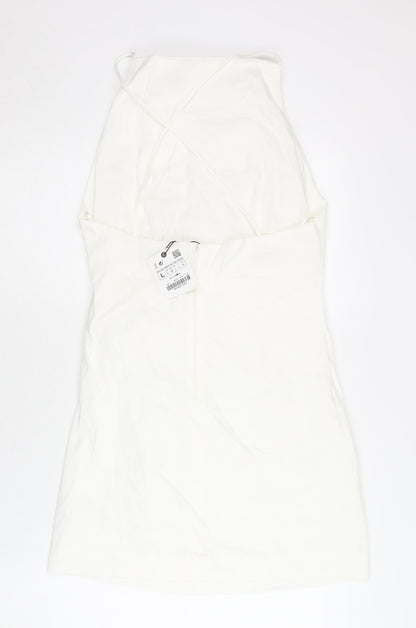 Zara Women White Linen Blend Slip Dress Size 14 Halter Sleeveless Short