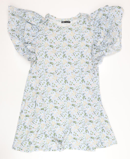 Zara Women Blue Floral Animal Print Shift Dress L Puff Sleeve