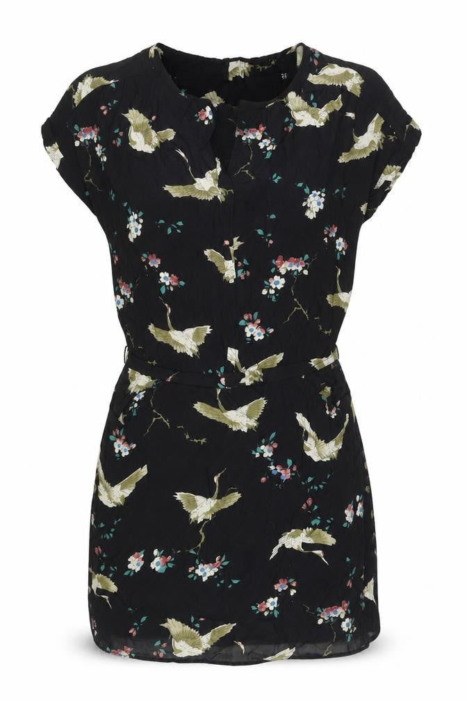 Zara Women Black Floral Bird Print Short Shift Dress Size 10