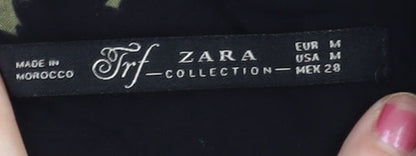 Zara Women Black Floral Bird Print Short Shift Dress Size 10