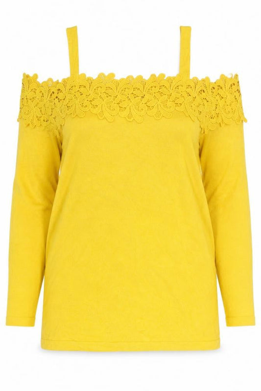 Front view of Soon women’s yellow plus, size UK 22, lace neck jumper