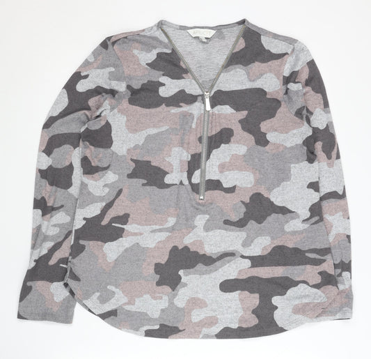 Apricot Women’s Grey Camo Zip Jumper Size 16 V-Neck Long Sleeve