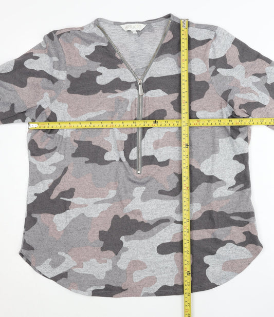 Apricot Women’s Grey Camo Zip Jumper Size 16 V-Neck Long Sleeve