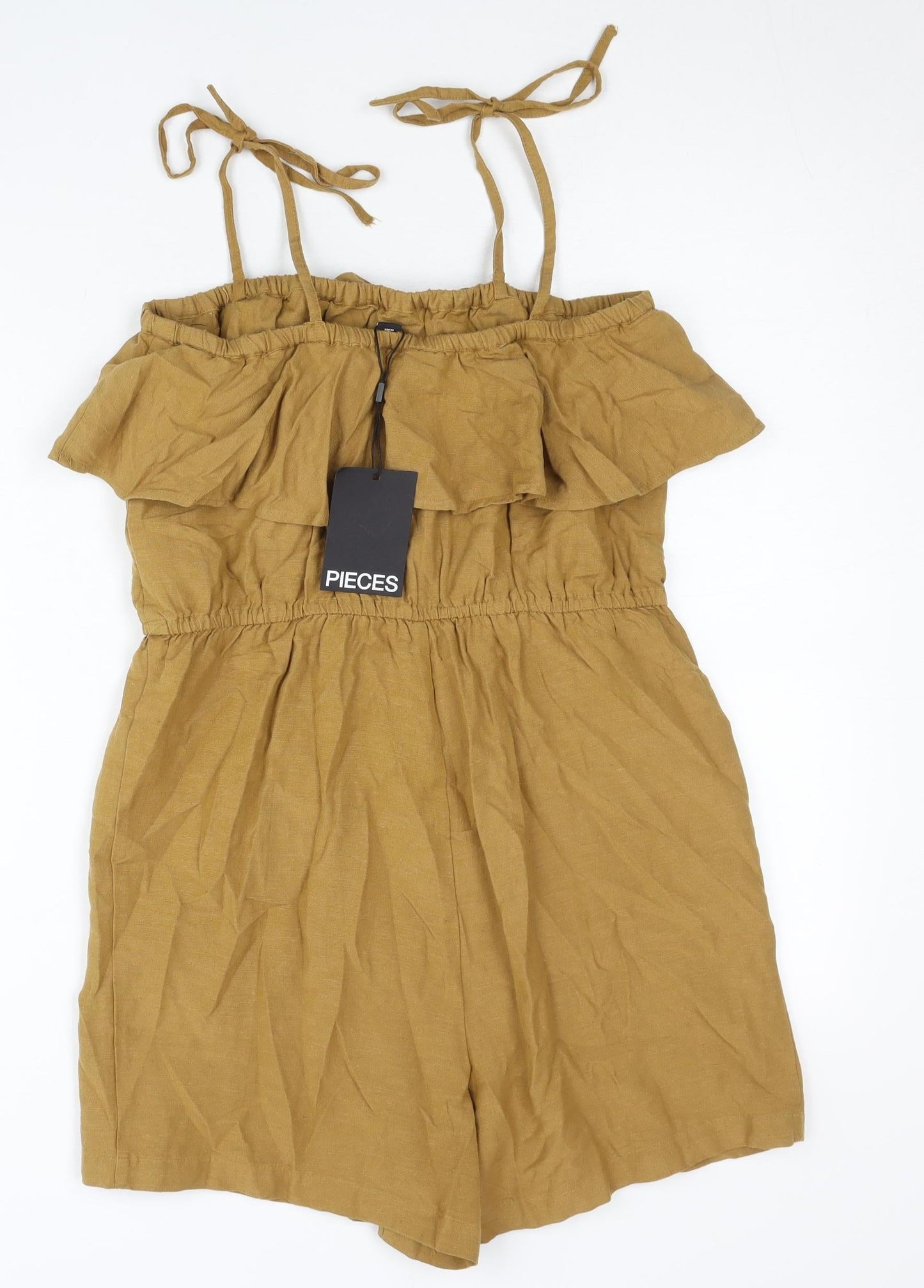 Pieces Women’s Brown XS Sleeveless Ruffle Strap Playsuit Summer Casual