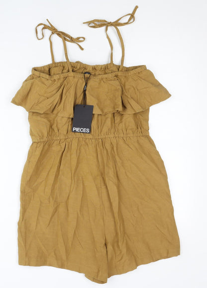 Pieces Women’s Brown XS Sleeveless Ruffle Strap Playsuit Summer Casual