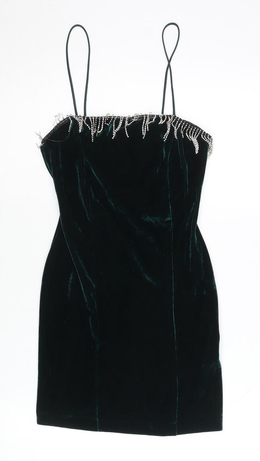 Zara Women’s Green Velvet Bodycon Dress Size 8 Beaded Party