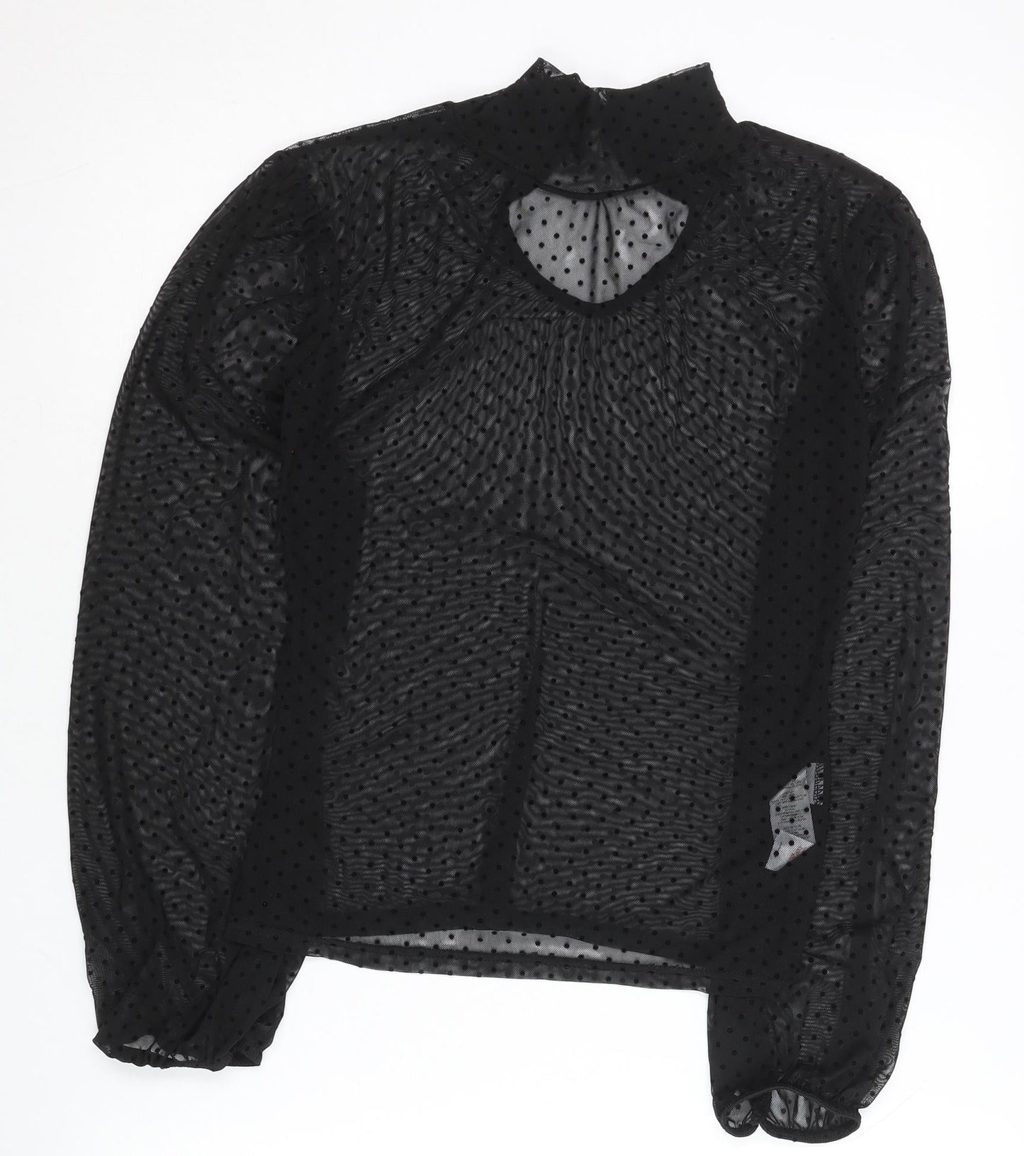 Boohoo Women Black Size 12 Sheer Mesh Polka Dot High Neck Blouse