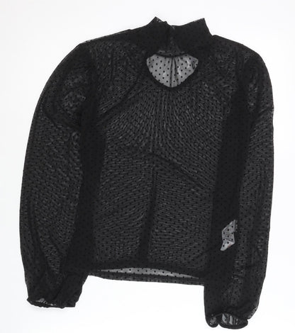 Boohoo Women Black Size 12 Sheer Mesh Polka Dot High Neck Blouse