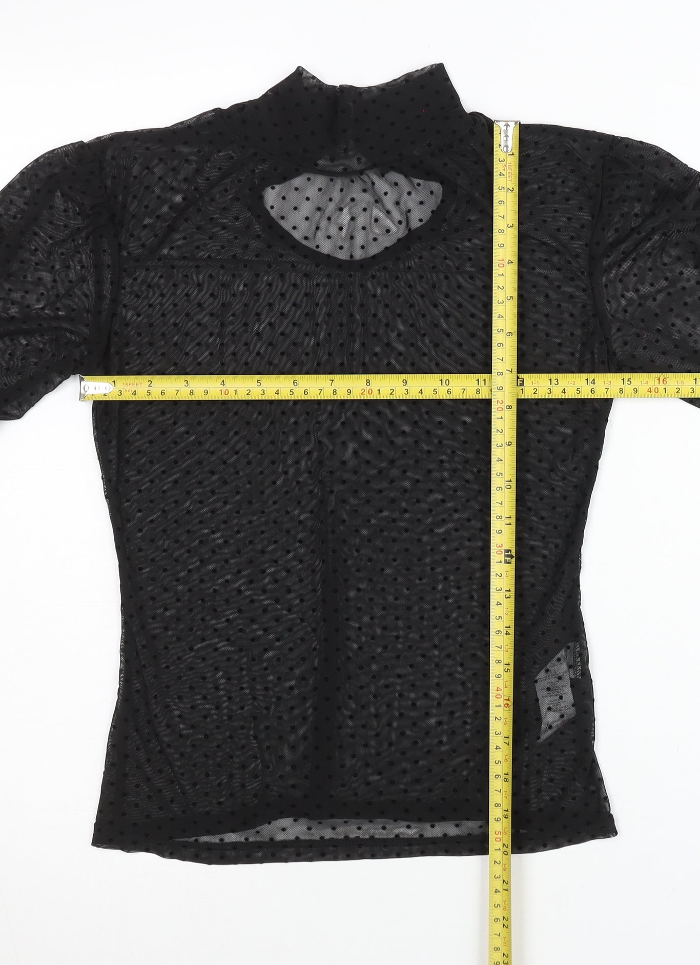 Boohoo Women Black Size 12 Sheer Mesh Polka Dot High Neck Blouse