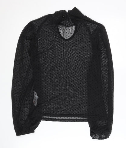 Boohoo Women Black Size 12 Sheer Mesh Polka Dot High Neck Blouse