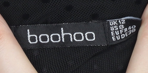 Boohoo Women Black Size 12 Sheer Mesh Polka Dot High Neck Blouse
