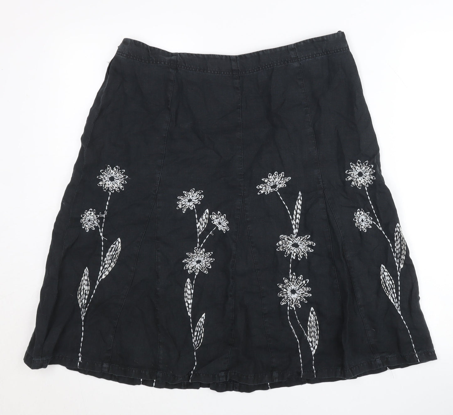 Next Womens Black Linen Embroidered Floral A-Line Skirt UK 14
