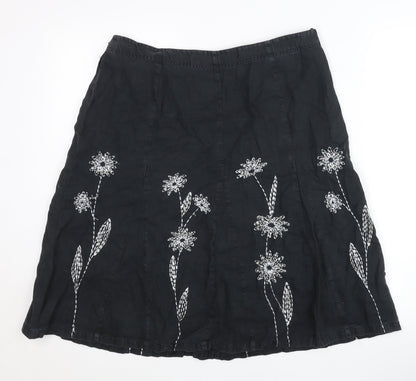 Next Womens Black Linen Embroidered Floral A-Line Skirt UK 14
