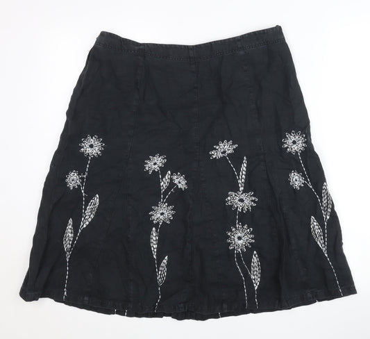 Next Womens Black Linen Embroidered Floral A-Line Skirt UK 14