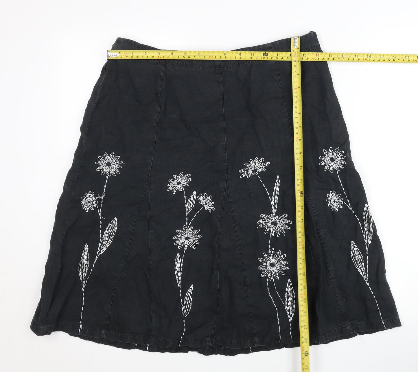Next Womens Black Linen Embroidered Floral A-Line Skirt UK 14