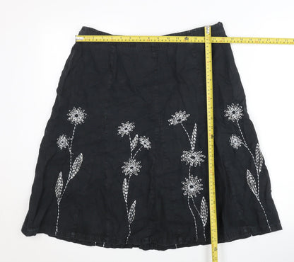 Next Womens Black Linen Embroidered Floral A-Line Skirt UK 14