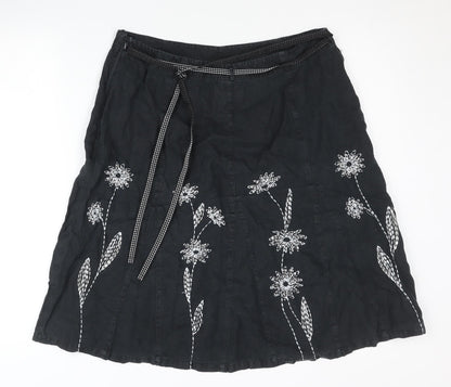 Next Womens Black Linen Embroidered Floral A-Line Skirt UK 14