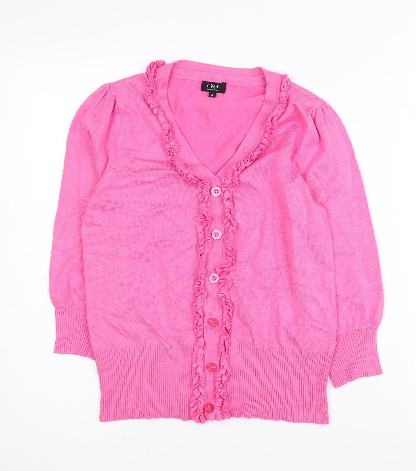CMD Womens Pink V-Neck Ruffle Cardigan S Knit 3/4 Sleeve