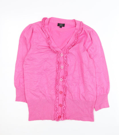 CMD Womens Pink V-Neck Ruffle Cardigan S Knit 3/4 Sleeve