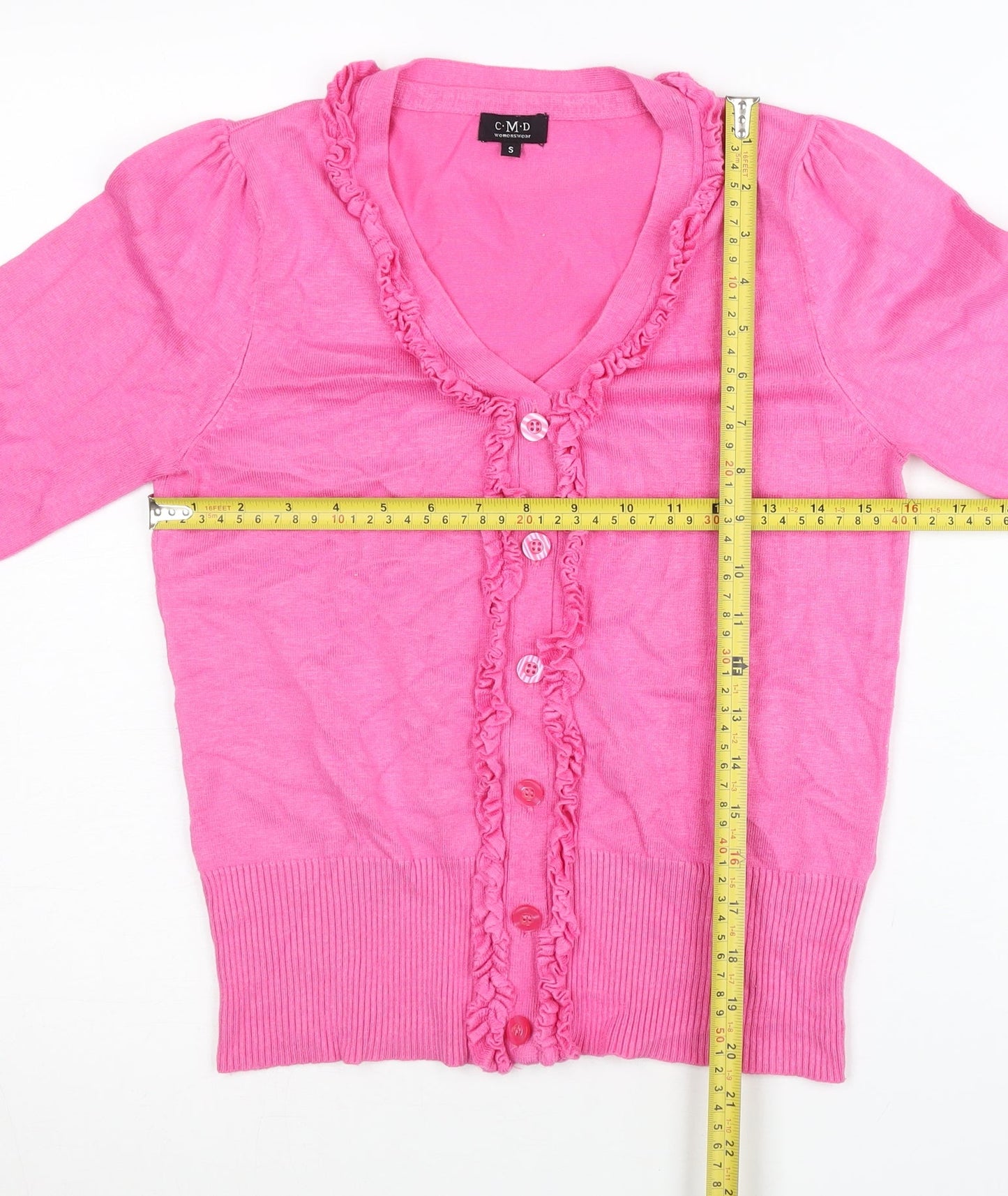 CMD Womens Pink V-Neck Ruffle Cardigan S Knit 3/4 Sleeve