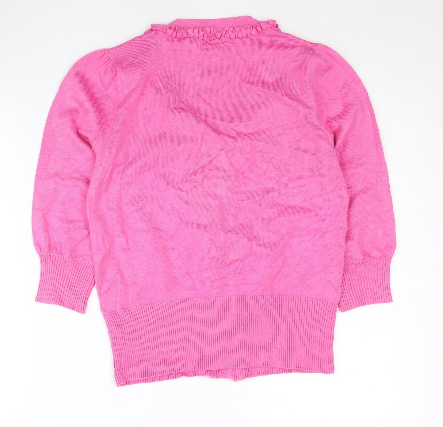 CMD Womens Pink V-Neck Ruffle Cardigan S Knit 3/4 Sleeve